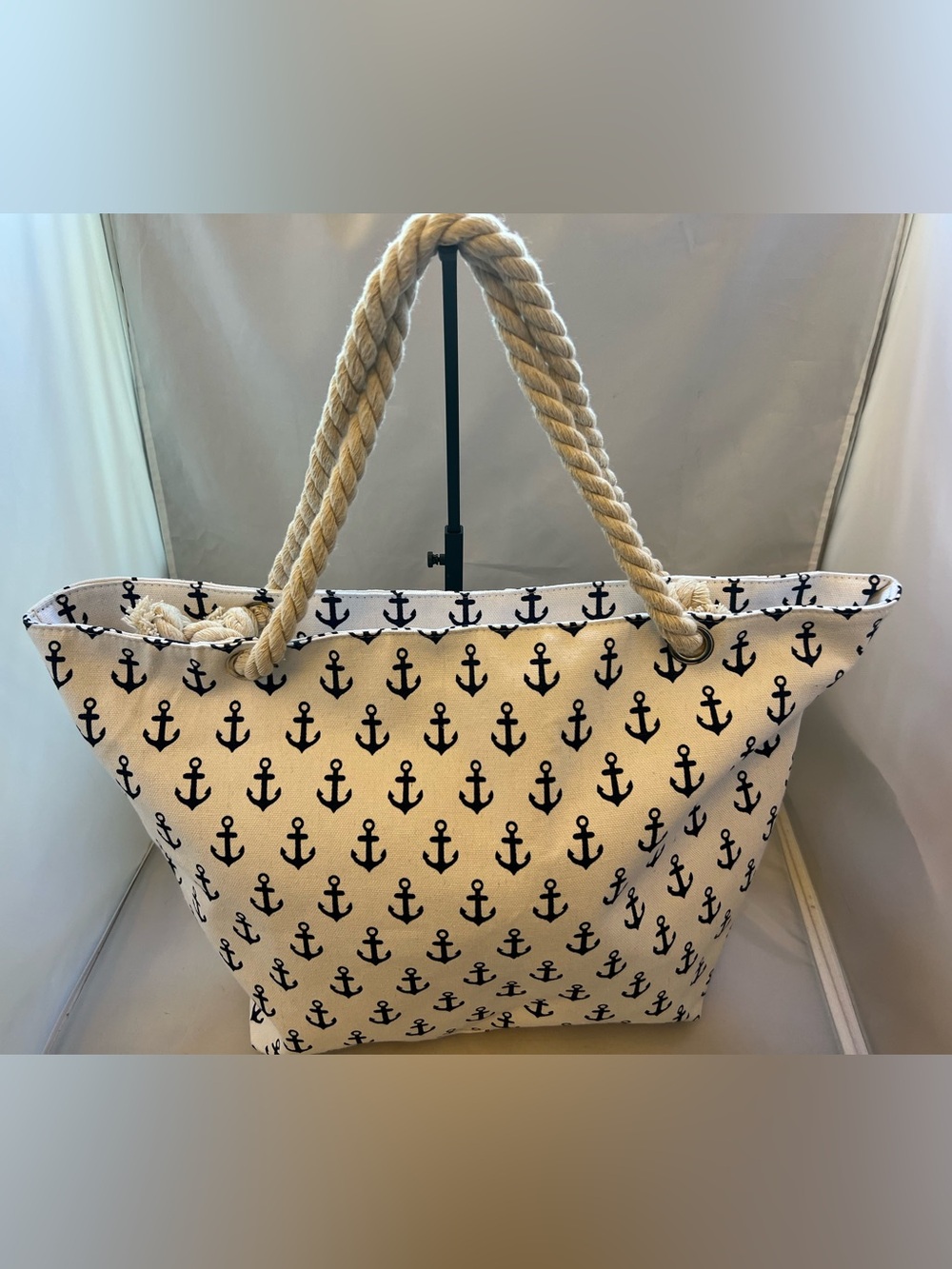 Nautical Cream Tote Bag with Navy Anchor Print